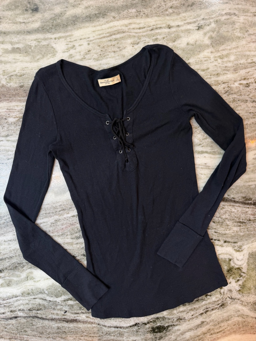 Abercrombie & Fitch Black Lace-Up Ribbed Long Sleeve Top